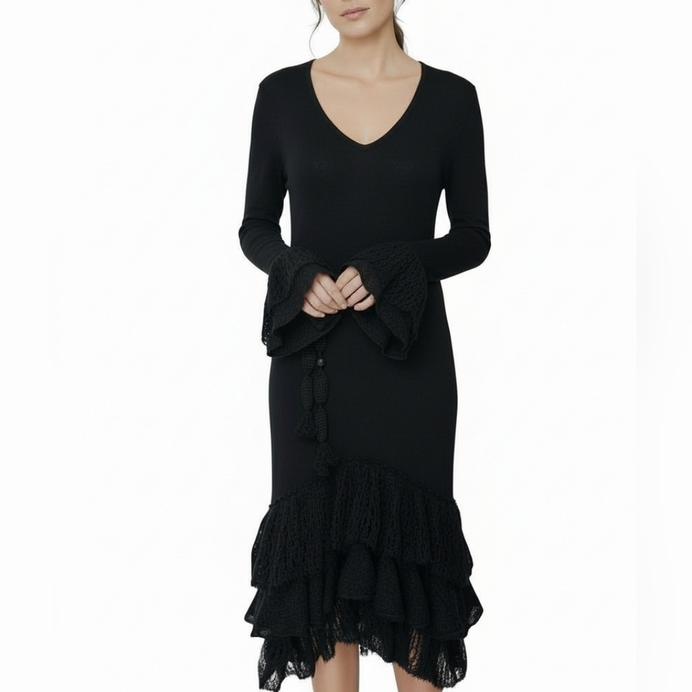 Luisa Spagnoli Tiered ruffle Mohair wool knit Midi dress Long Sleeve